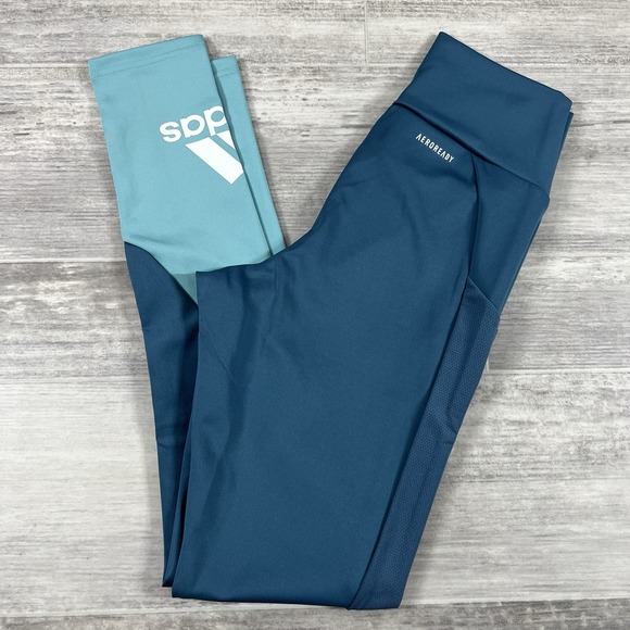 Adidas Women's Small Designed 2 Move Big Logo Sport Tights-Orbit Indigo/Mint NWT - Picture 3 of 10